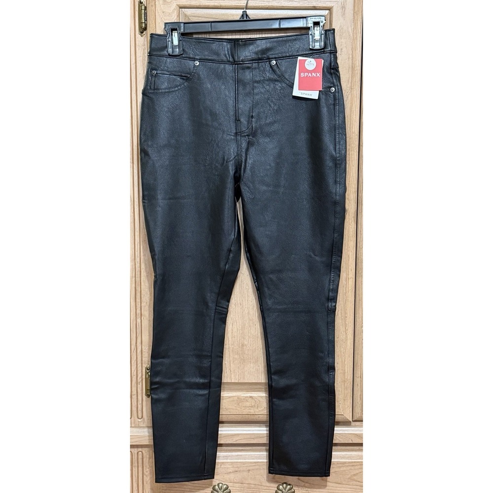 SPANX Black Faux Stretch Leather Legging Slimming Pants S Petite SP Skinny Ankle